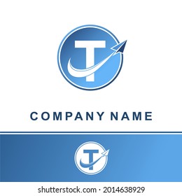 Simple Modern Blue Initial T Letter With Paper Plane Fly for Technology Communication Information Business Delivery Logo Idea Concept