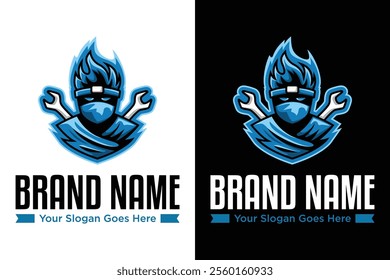 ninja azul moderno simples com design de logotipo de ilustrador de vetor de chave inglesa