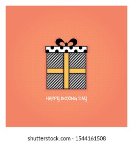 Simple, modern boxing day card. Present package illustration on orange background. Flat graphic design. Holiday season icon, symbol. Print for greeting card, postcard, poster, invitation template. 