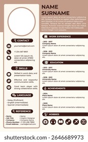 Simple and modern brown resume template with a clean two-column layout. Suitable for fresh graduates and job seekers