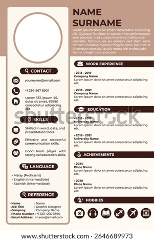 Simple and modern brown resume template with a clean two-column layout. Suitable for fresh graduates and job seekers