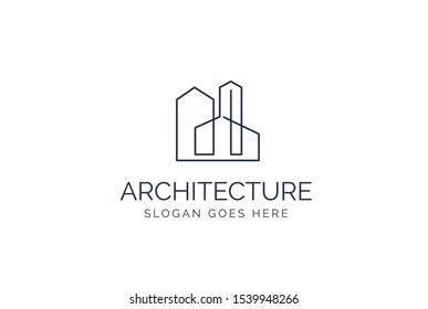 Simple modern building architecture logo design with line art skyscraper graphic
