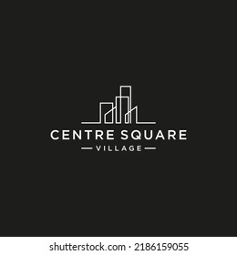 Simple modern building architecture logo design with line art skyscraper graphic.center square vector template