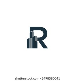 Diseño de logotipo de arquitectura de edificio moderno simple letra R con arte de línea de rascacielos.