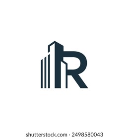 Simple modern building architecture logo design monogram letter R with skyscraper line art.