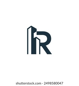 Simple modern building architecture logo design monogram letter R with skyscraper line art.