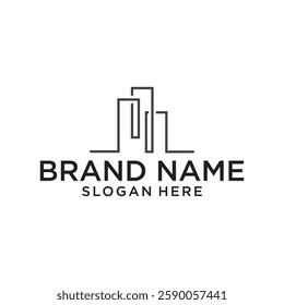 Simple modern building architecture logo design with line art skyscraper graphic
