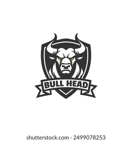 Simple and modern bull head in shield mascot logo design vector isolated on white background