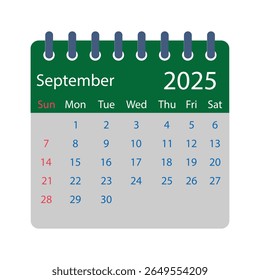 Um design de calendário simples e moderno exibe o mês de setembro no ano de 2025. O calendário apresenta um cabeçalho verde com o mês e o ano, e uma grade cinza para os dias da semana e datas.
