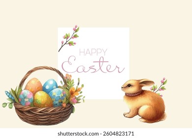 Simple and modern “Happy Easter” card with soft pastel flowers.