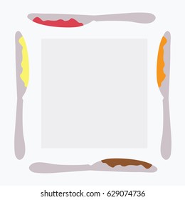 simple modern cartoon clean frame with a spreading knife flat design style vector In different flavor like a butter, chocolate & strawberry jam. background food illustration cartoon. space for text