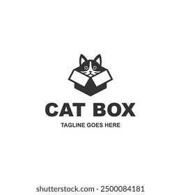 Simple and modern cat in the box logo design vector on white background