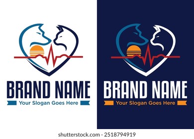 simple modern cat dog vet pet heart love illustration vector logo design