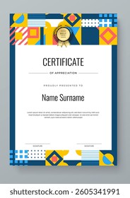 Simple and modern certificate design template with Colorful Geometric Shape geometric shape. For background, banner, achievement, diploma, award, graduation, and appreciation