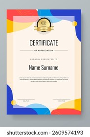 Simple and modern certificate design template with colorful geometric shape. For background, banner, achievement, diploma, award, graduation, and appreciation