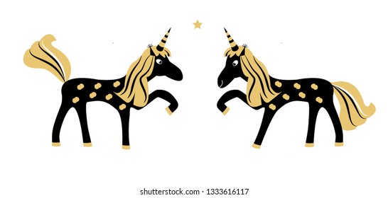 Simple modern childish illustration of magic unicorn, made in golden and black colors