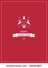 Simple, modern christmas card with two deers, christmas tree and bell on red background