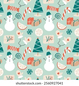 Simple Modern Christmas Elements Seamless Pattern. Cute flat Christmas Tree, Snowman, orange, Gift, Candies, Mittens. Perfect print for fabric, wrapping paper or cover.