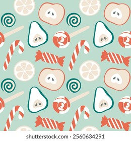 Simple Modern Christmas Fruit and Sweets Seamless Pattern. Cute flat apple, pear, orange, slice. Perfect print for fabric, wrapping paper or cover.