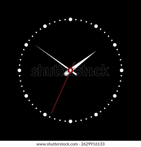 Simple modern classic style clock with hour, minute and second hand on black background.