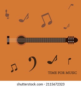 Simple modern classical guitar vector. Classic cartoon music flat design. Musical concept. Orange wood acoustic guitar.Insulated creative cover