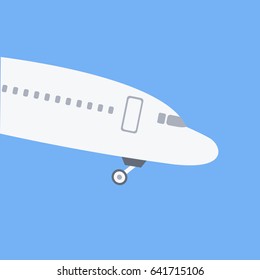 simple modern clean front part of airplane vector. parking & landing cartoon. plane out from the frame ready to land & go down with wheel isolated. light blue sky flat design style background