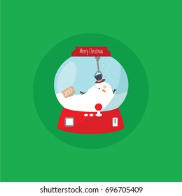 simple modern clean melted or melting snowman cartoon in a glass ball crystal or globe vector flat design isolated game and text merry christmas. gift in a rounded circle button for web and postcard