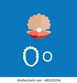 simple modern clean oyster with a white pearl in the sea. beauty & fashion cartoon. beautiful shell or seashell vector from ocean. Necklace & bracelet isolated on a blue flat design style background