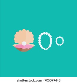 simple modern clean oyster with a white pearl in the sea. beauty & fashion cartoon. beautiful shell or seashell vector from ocean. Necklace & bracelet isolated on a blue flat design style background