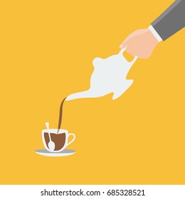 simple modern clean waiter hand Pours in to the service set Cafe vector glass isolated or cup of coffee & jug with a saucer on flat design brown background and a little simple spoon cartoon 