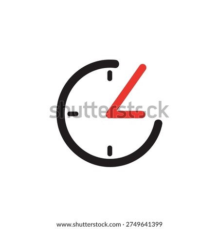 A simple, modern clock face icon with bold black lines and striking red hour and minute hands, set against a clean white background.