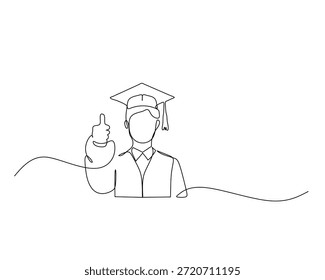 Simple and modern continuous line illustration of a graduate showing a thumbs-up gesture. Ideal for congratulatory cards, educational blogs, and student recognition materials.