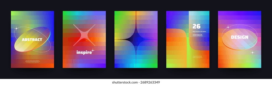Einfache moderne Cover-Vorlagen. Set von trendigen geometrischen Neon-Hintergründen mit hellen linearen Farbverlauf-Formen für Präsentationen, Banner, Flyer und Poster. Vektorgrafik