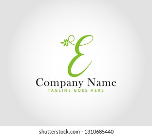 simple modern creative minimalism and feminine letter-mark for letter E in script font and combine with leaves to represent healthy and wellness that comes from nature and good environment 