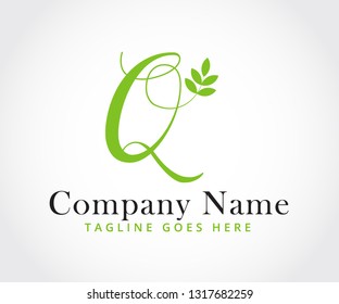 simple modern creative minimalism and feminine letter-mark for letter Q in script font and combine with leaves to represent healthy and wellness that comes from nature and good environment 