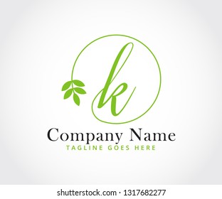 simple modern creative minimalism and feminine letter-mark for letter K in script font and combine with leaves to represent healthy and wellness that comes from nature and good environment 