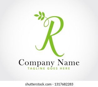 simple modern creative minimalism and feminine letter-mark for letter R in script font and combine with leaves to represent healthy and wellness that comes from nature and good environment 