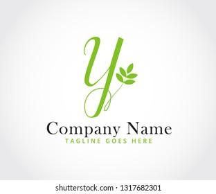 simple modern creative minimalism and feminine letter-mark for letter Y in script font and combine with leaves to represent healthy and wellness that comes from nature and good environment 