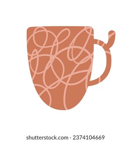 Simple modern cup decorated with lines vector flat illustration. Light brown colored mug filling by beverages isolated. Cute trendy crockery with handle for drink. Vector illustration in flat style.