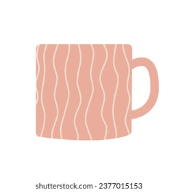 Simple modern cup decorated with lines vector flat illustration. Pink colored mug filling by beverages isolated. Vector illustration in flat style. Cute trendy crockery with handle for drink.