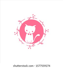 simple modern cute cartoon cat vector, in the circle nature frame with pink color