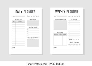 Simple modern daily and weekly personal planners. Minimalistic black and white design of organizer schedule pages with today's and week's tasks