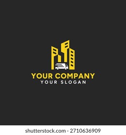 Logotipo de entrega simple y moderno con un vehículo pickup en un entorno urbano.