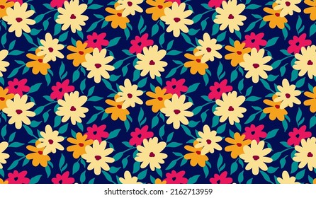 Simple modern design of botanical background, floral print with small bright flowers, leaves on a blue field. Seamless pattern with tiny hand drawn plants. Vector illustration.