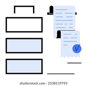 Un diseño sencillo y moderno con un archivador con tres cajones y dos documentos con una marca de verificación azul en un Portapapeles. Ideal para temas de trabajo de oficina, gestión de documentos, organización, tarea