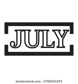 Diseño sencillo y moderno para el mes de julio, con texto delineado en negro y un elemento de marco contemporáneo. Ideal para calendarios, promociones.