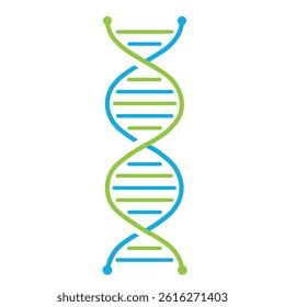 Simple and modern DNA helix icon in blue and green colors, representing genetics, biology, molecular science, and biotechnology. Ideal for medical, healthcare, laboratory, and scientific branding or i
