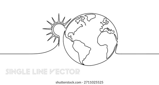 Eine einfache und moderne Zeichnung, die die Erde und die Sonne zeigt, mit einer glatten, ununterbrochenen Linie. Dieses saubere Design ist perfekt für Themen rund um unseren Planeten.
