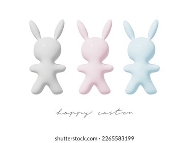 Simple Modern Easter Vector Card. Pastel Blue, Light Gray and Pastel Pink Bunnies and Handwriten Wishes Isolated on a White Background. Elegant Minimalist Easter Print with Bunny -shaped Figurines.