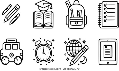 A simple and modern education-themed icon set featuring 8 designs, including pencils, notebooks, backpacks, globes, and more. Perfect for websites, presentations, social media, and print materials. 